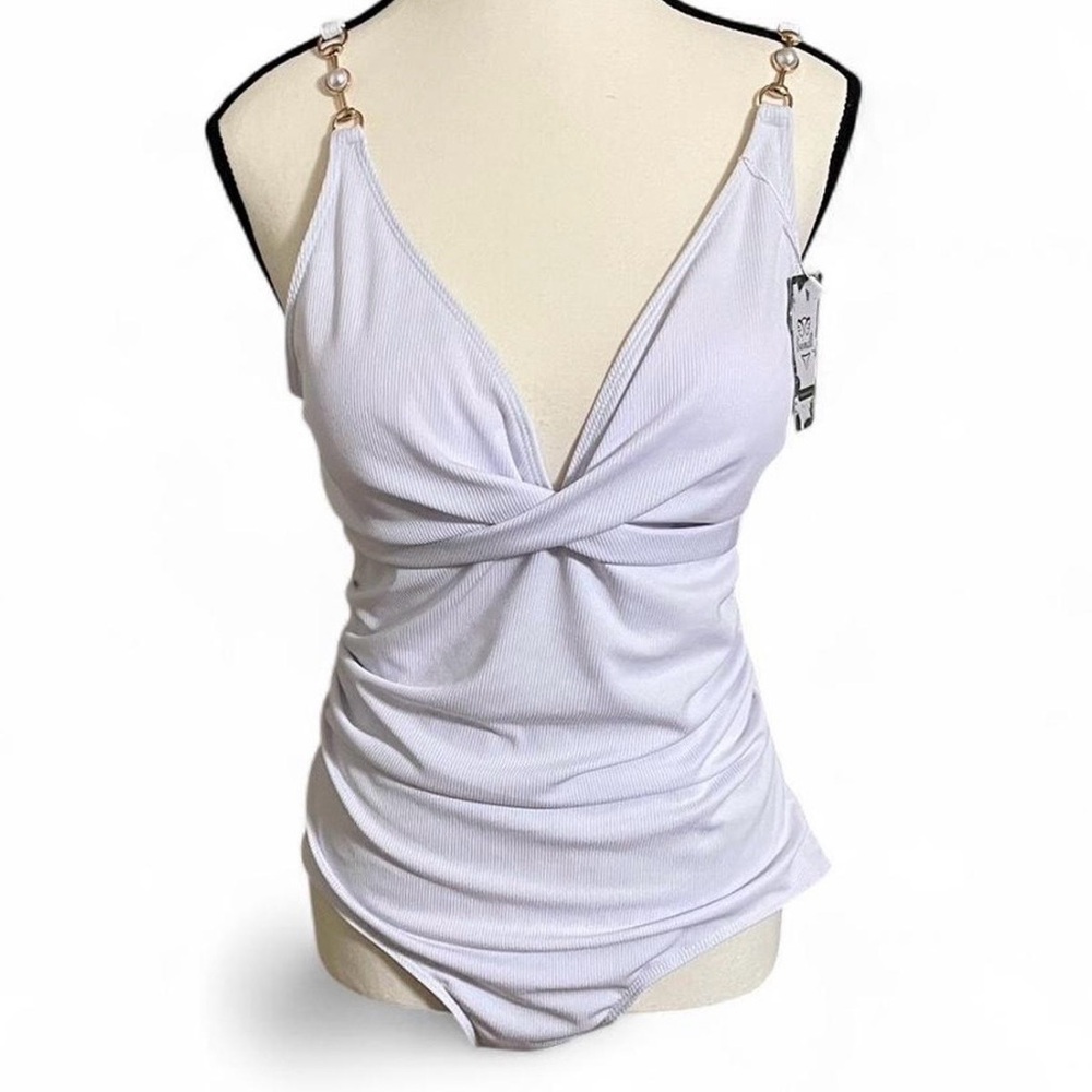 Swimall One-Piece Swimsuit Sz L White Criss Cross Front Pearl Embellishment